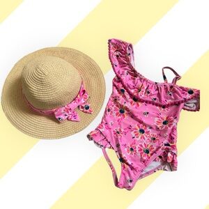 3 Bathing Suits 2T with a straw hat